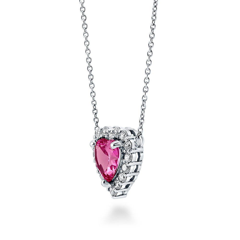 Front view of Halo Heart Pink CZ Pendant Necklace in Sterling Silver, 4 of 7