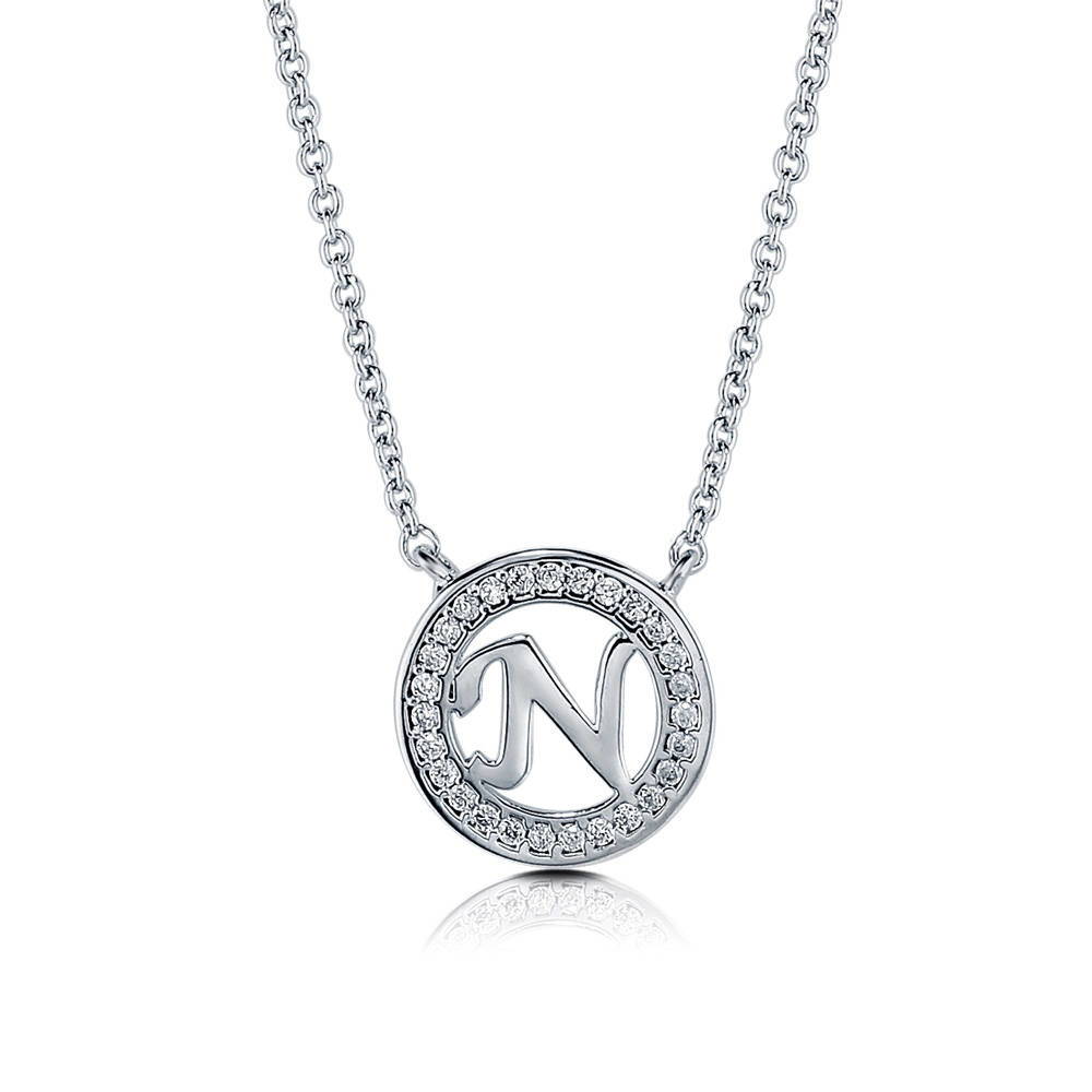 Initial Letter CZ Necklace in Sterling Silver, N