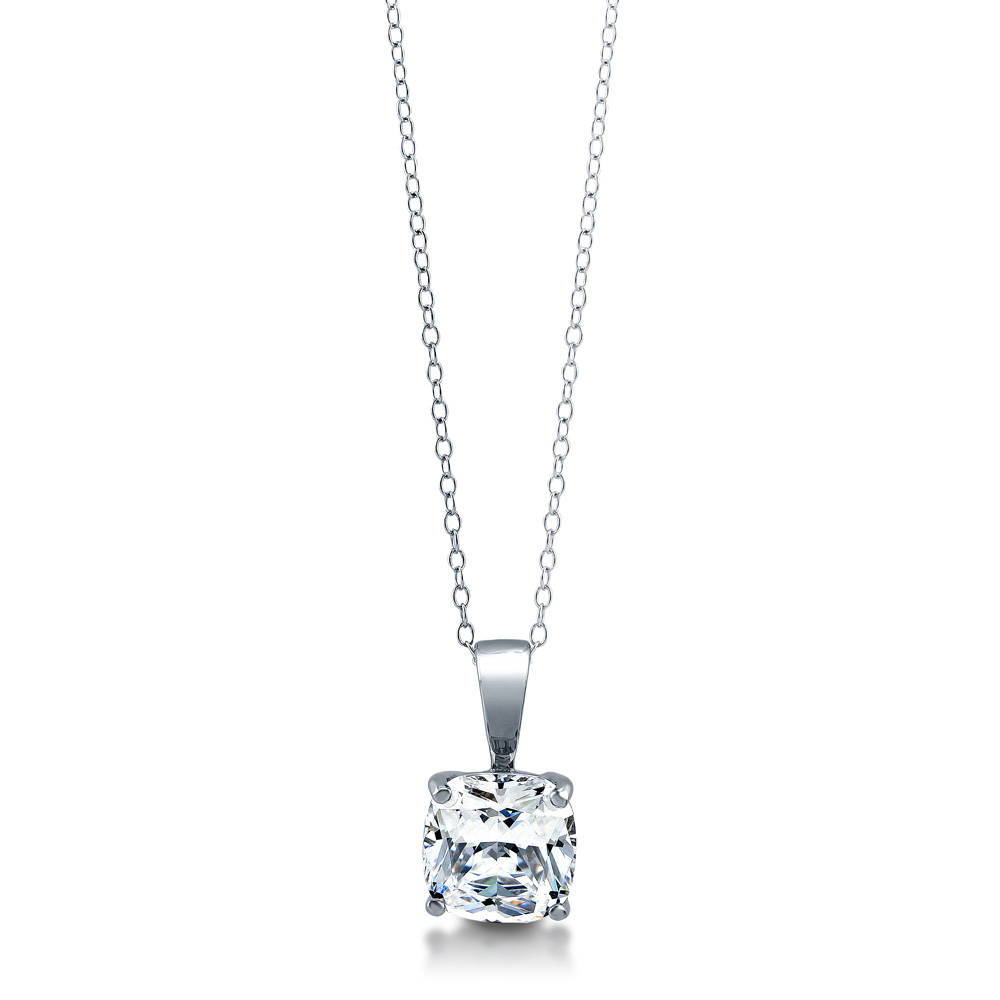 Solitaire 3ct Cushion CZ Pendant Necklace in Sterling Silver, 1 of 8