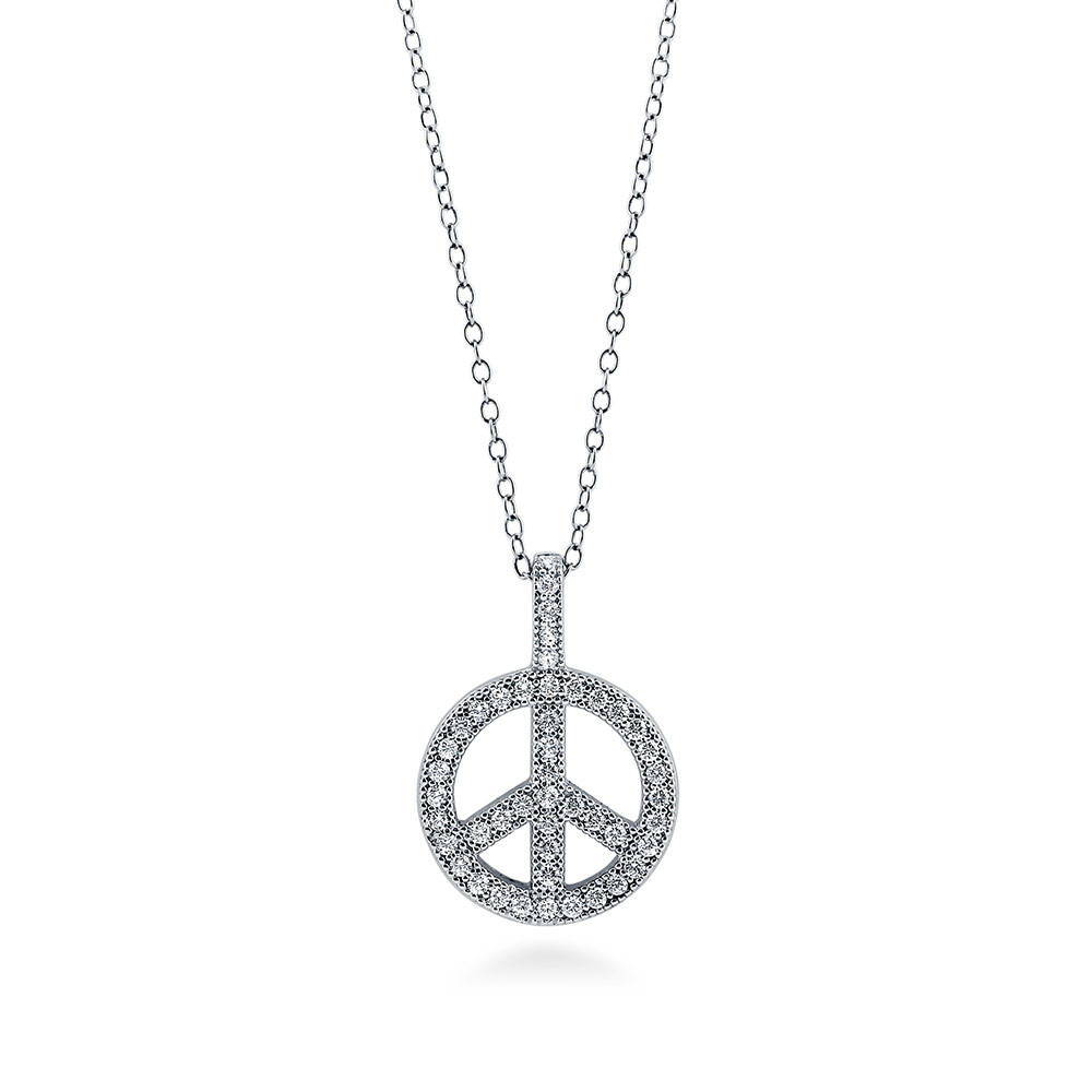 Peace Sign CZ Pendant Necklace in Sterling Silver