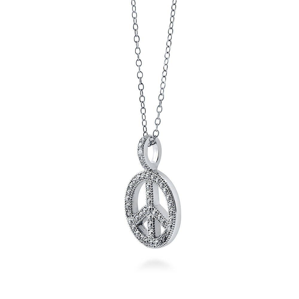 Peace Sign CZ Necklace and Earrings Set in Sterling Silver