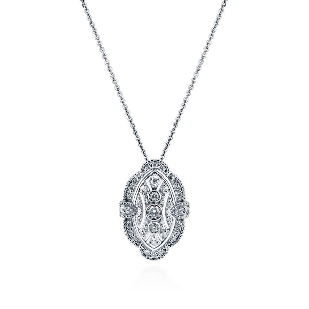 Art Deco Milgrain CZ Pendant Necklace in Sterling Silver, 1 of 8