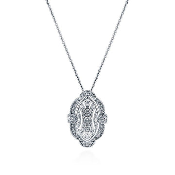 Art Deco Milgrain CZ Pendant Necklace in Sterling Silver