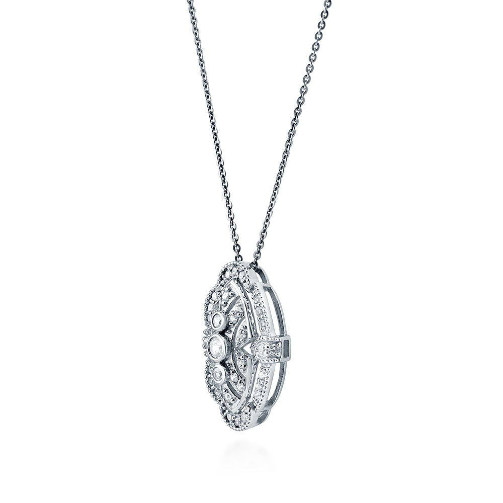 Art Deco Milgrain CZ Pendant Necklace in Sterling Silver