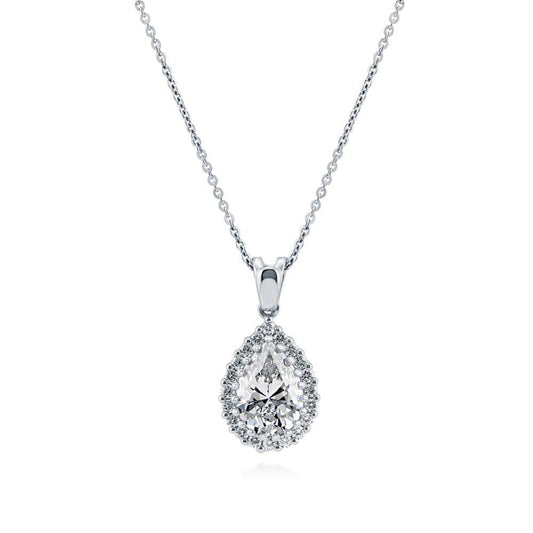 Halo Pear CZ Pendant Necklace in Sterling Silver