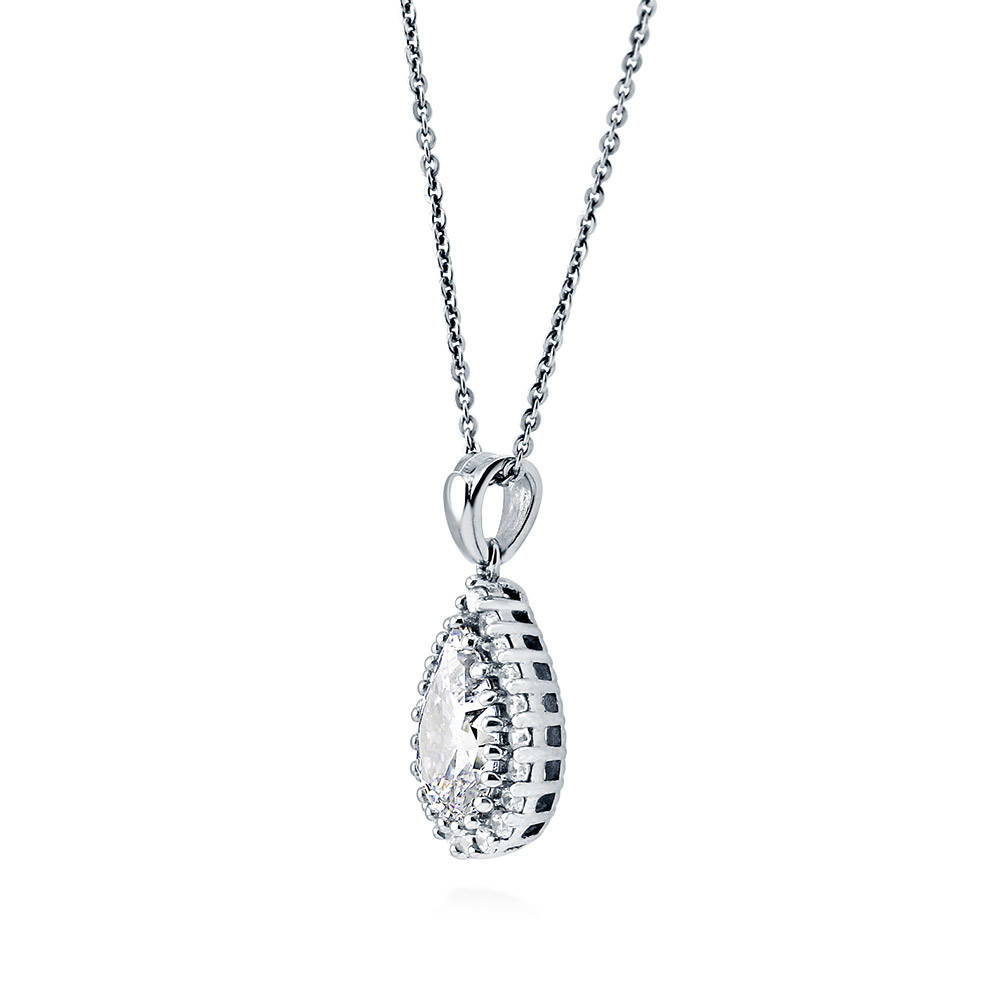 Front view of Halo Pear CZ Necklace and Earrings in Sterling Silver, 7 of 10
