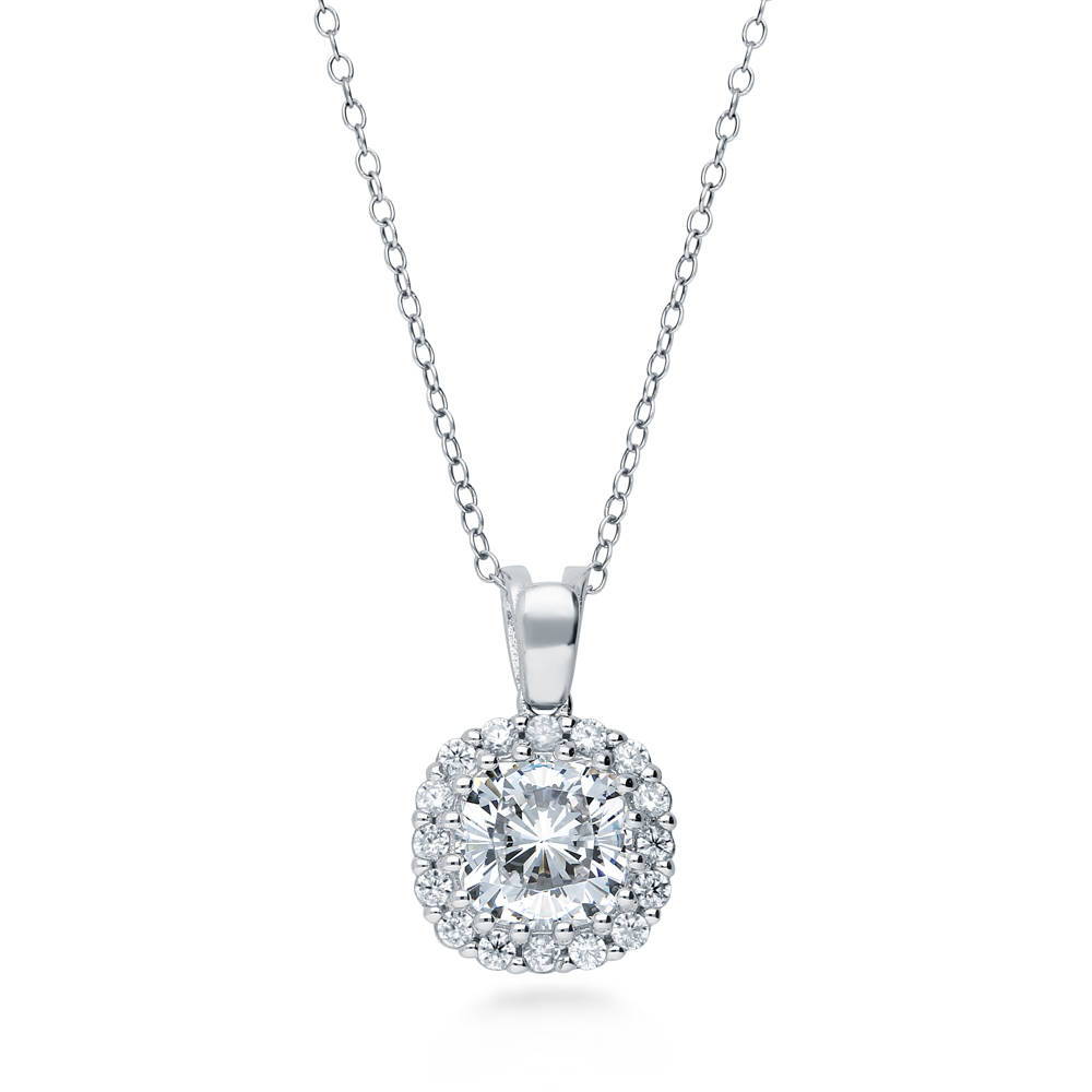 Halo Cushion CZ Pendant Necklace in Sterling Silver, 1 of 8