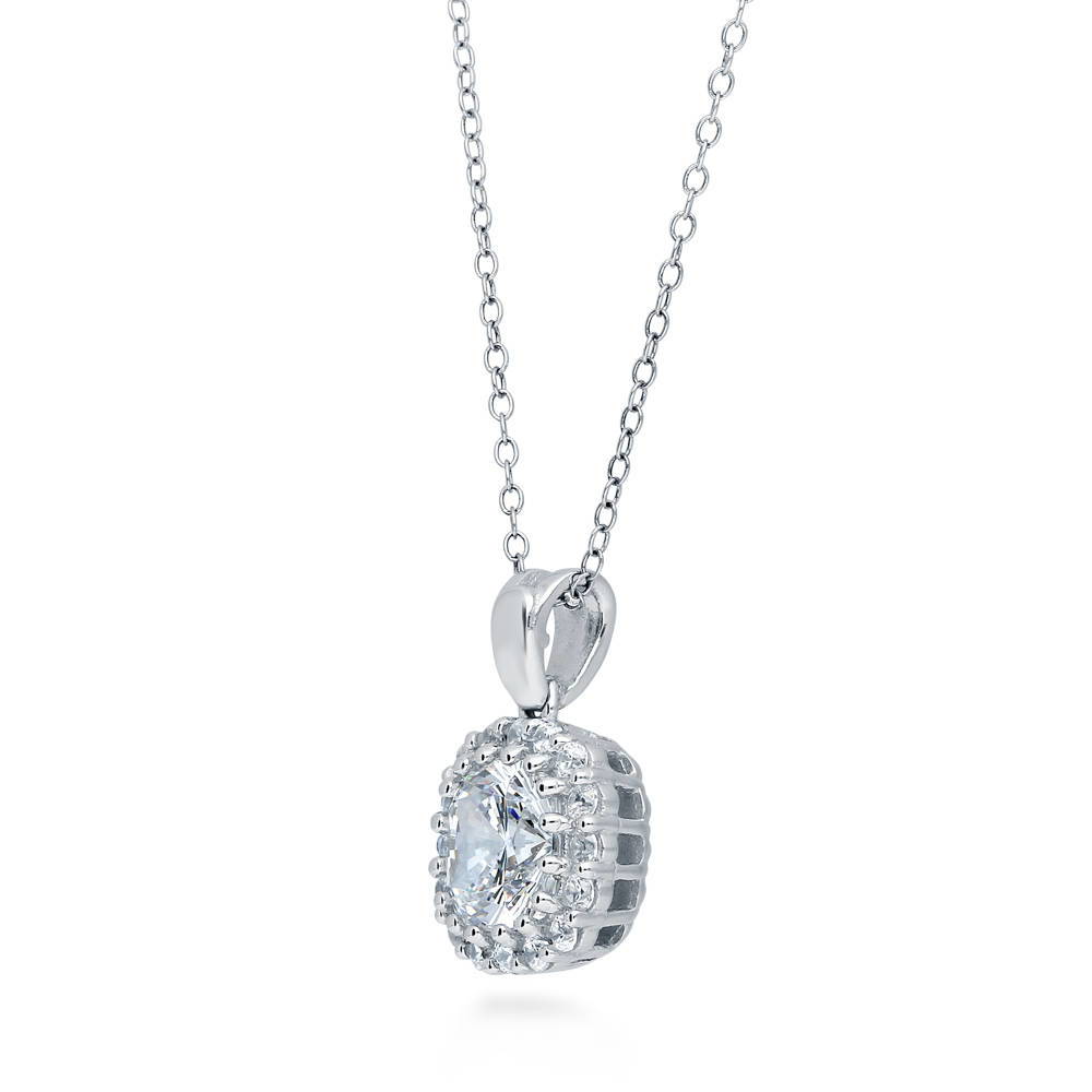 Front view of Halo Cushion CZ Pendant Necklace in Sterling Silver, 4 of 8