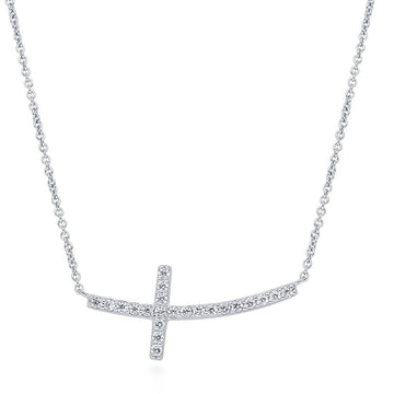 Sideways Cross CZ Pendant Necklace in Sterling Silver