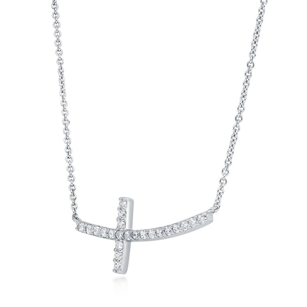 Front view of Sideways Cross CZ Necklace in Sterling Silver, 4 of 10