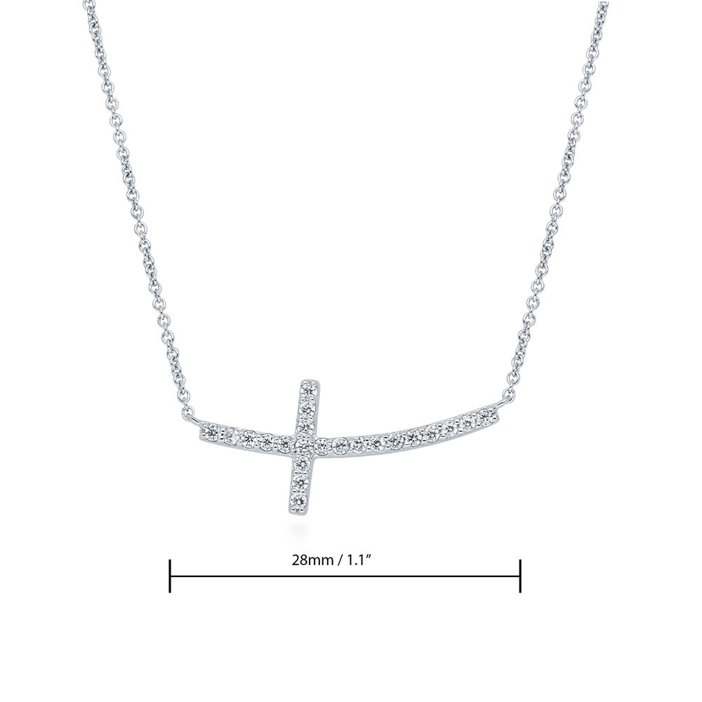 Sideways Cross CZ Pendant Necklace in Sterling Silver