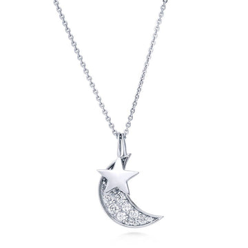 Star Crescent Moon CZ Pendant Necklace in Sterling Silver