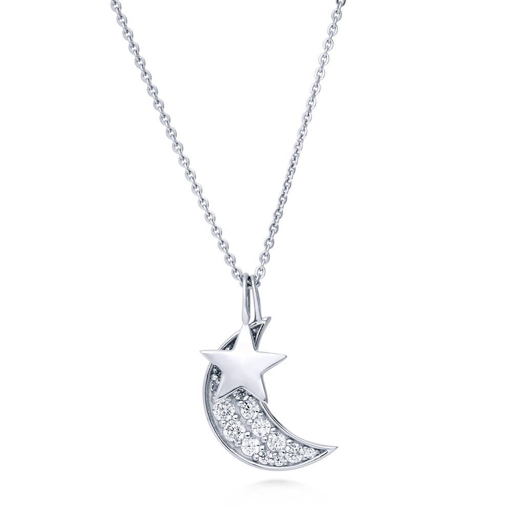 Star Crescent Moon CZ Pendant Necklace in Sterling Silver, 1 of 5