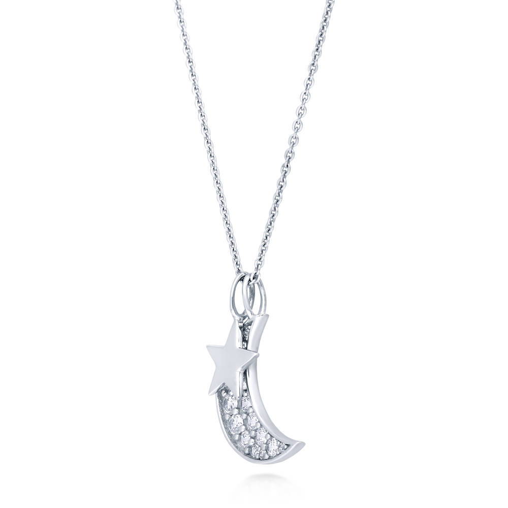 Front view of Star Crescent Moon CZ Pendant Necklace in Sterling Silver, 3 of 5