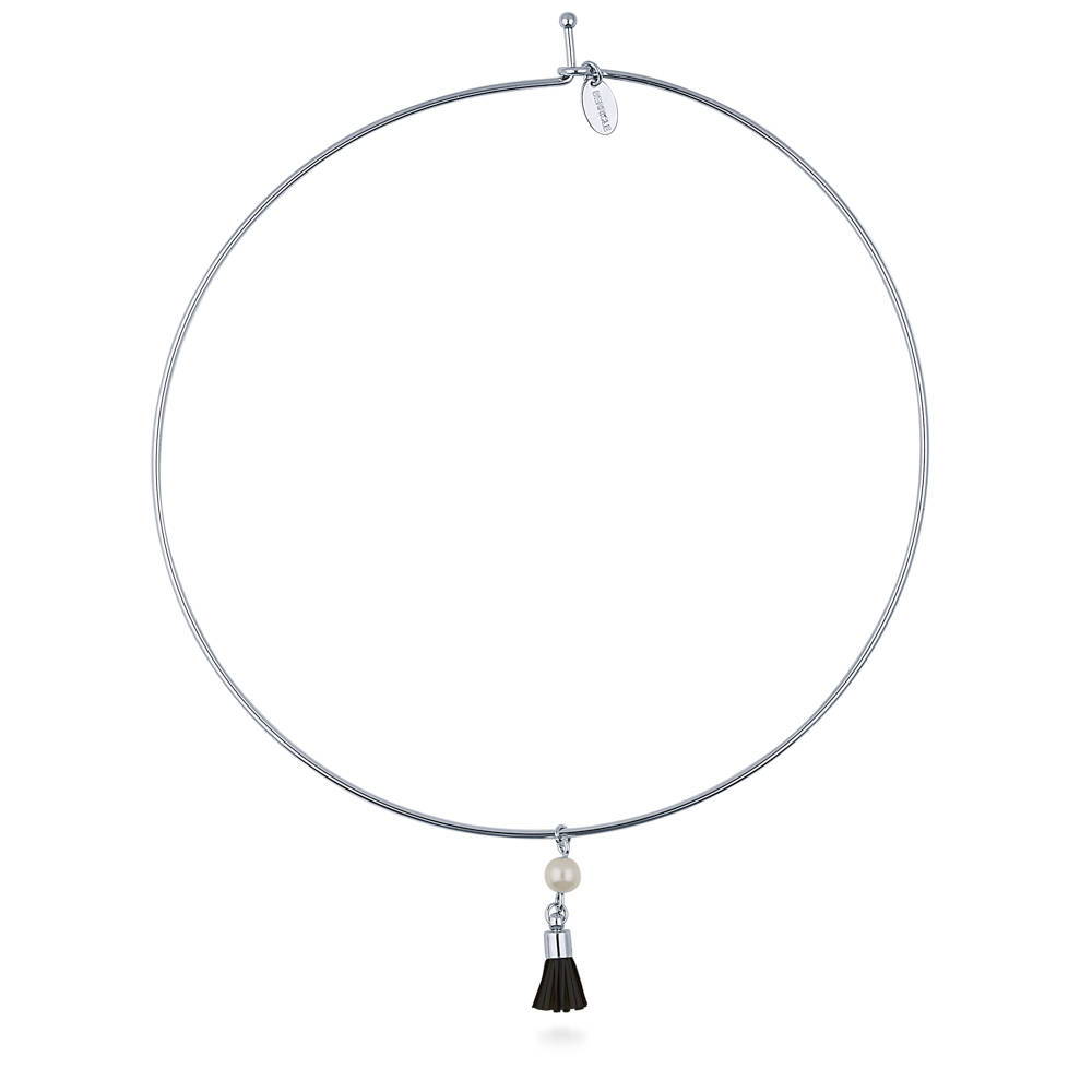 Front view of Tassel Imitation Pearl Choker in Silver-Tone, 3 of 5