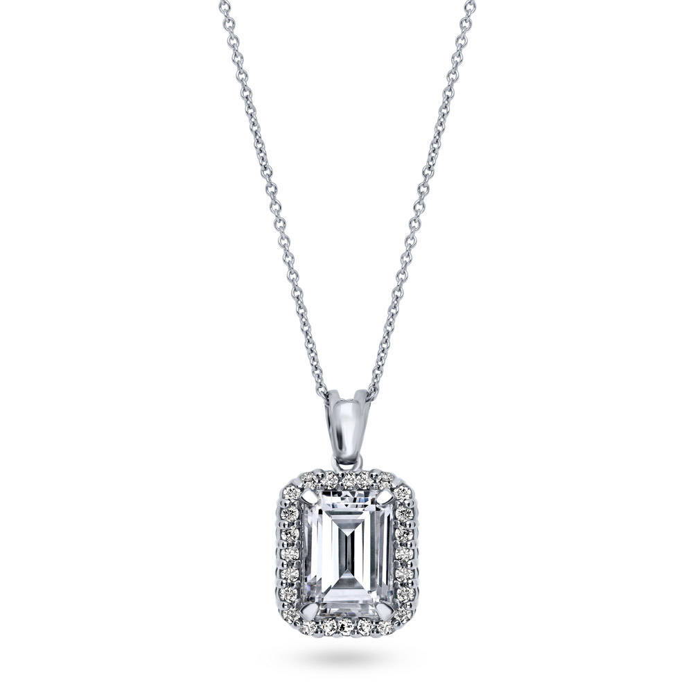 Halo Emerald Cut CZ Pendant Necklace in Sterling Silver, 1 of 7