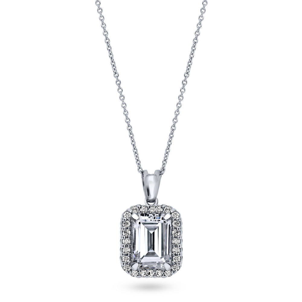 Halo Emerald Cut CZ Necklace in Sterling Silver