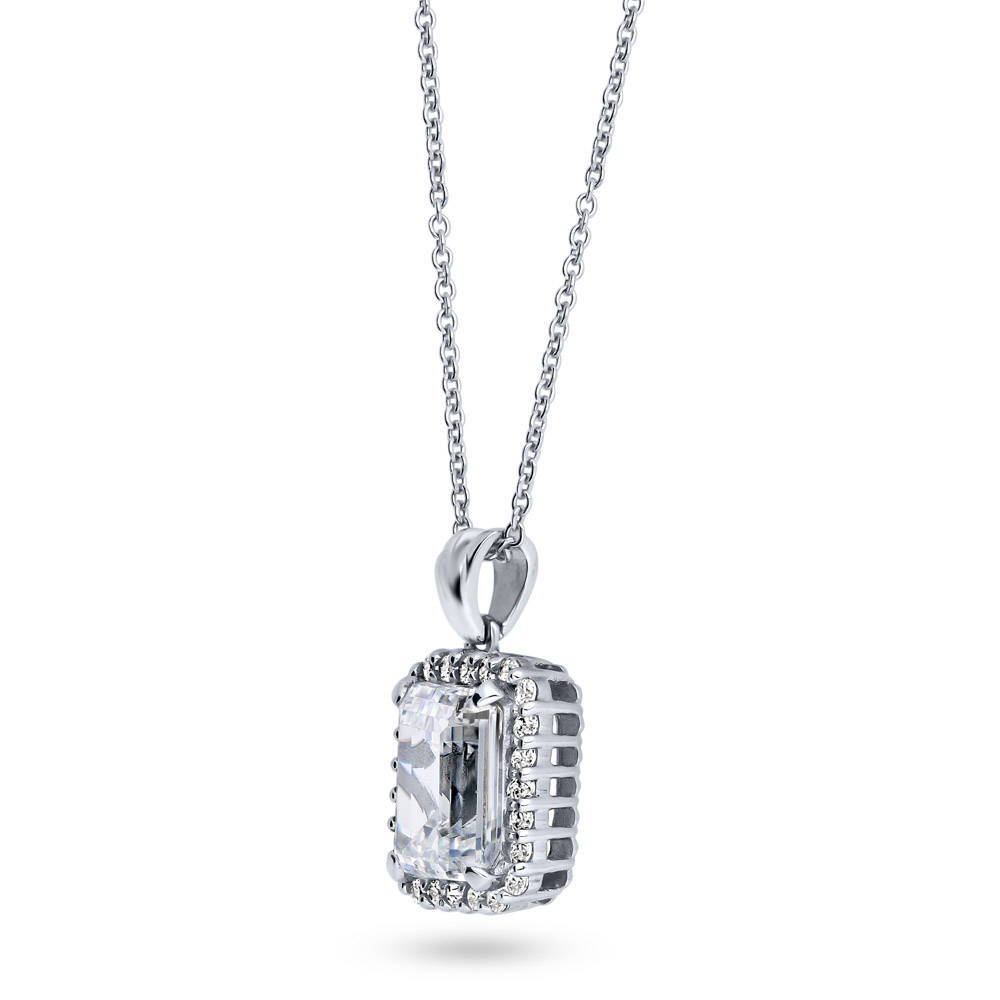 Front view of Halo Emerald Cut CZ Pendant Necklace in Sterling Silver, 3 of 6