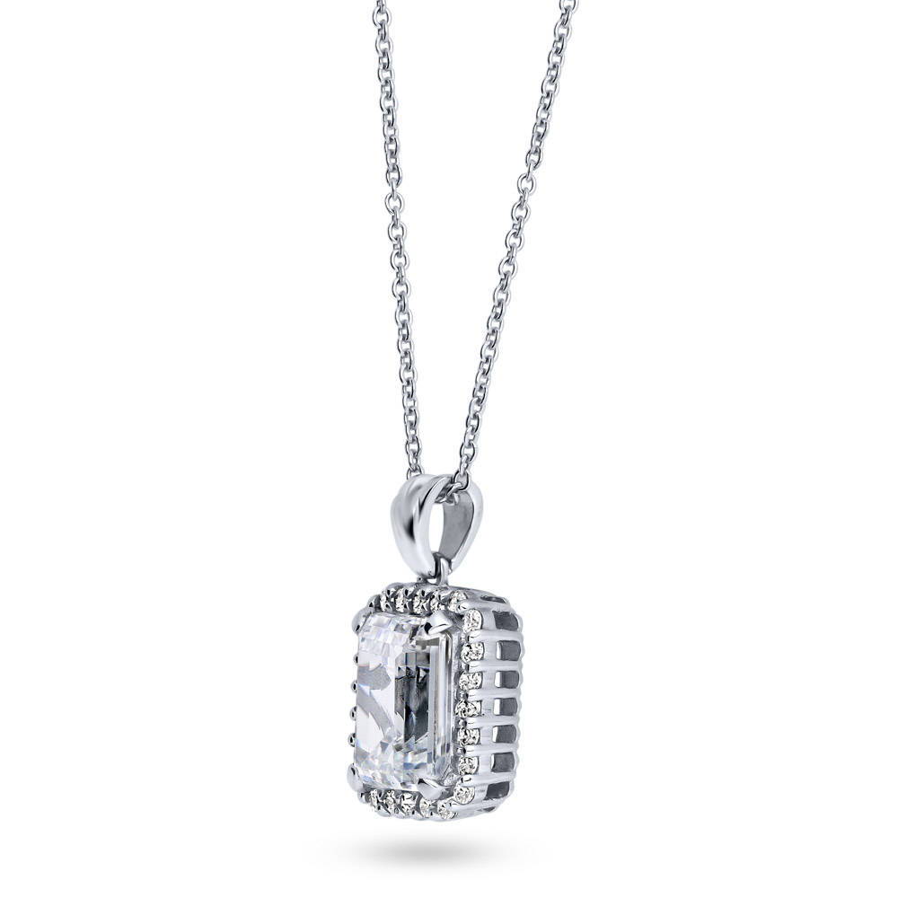 Halo Emerald Cut CZ Necklace and Earrings Set in Sterling Silver, front view