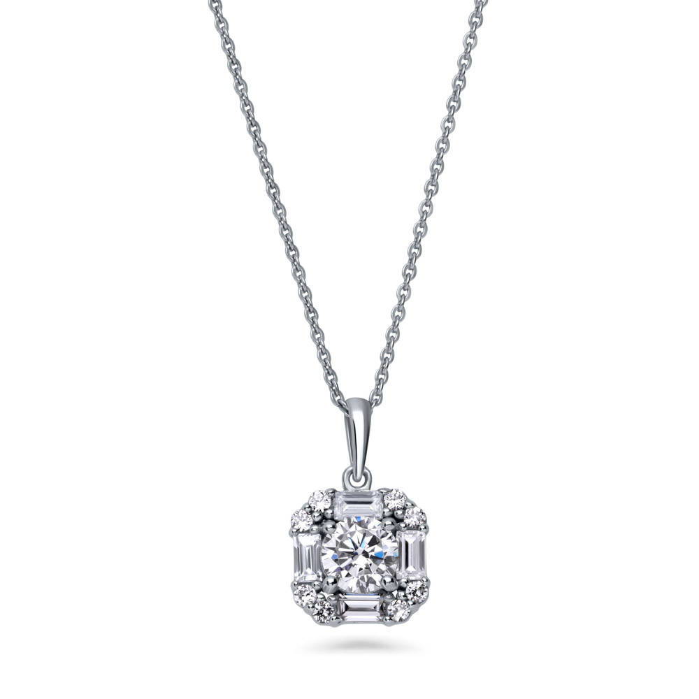 Halo Art Deco Round CZ Pendant Necklace in Sterling Silver, 1 of 8