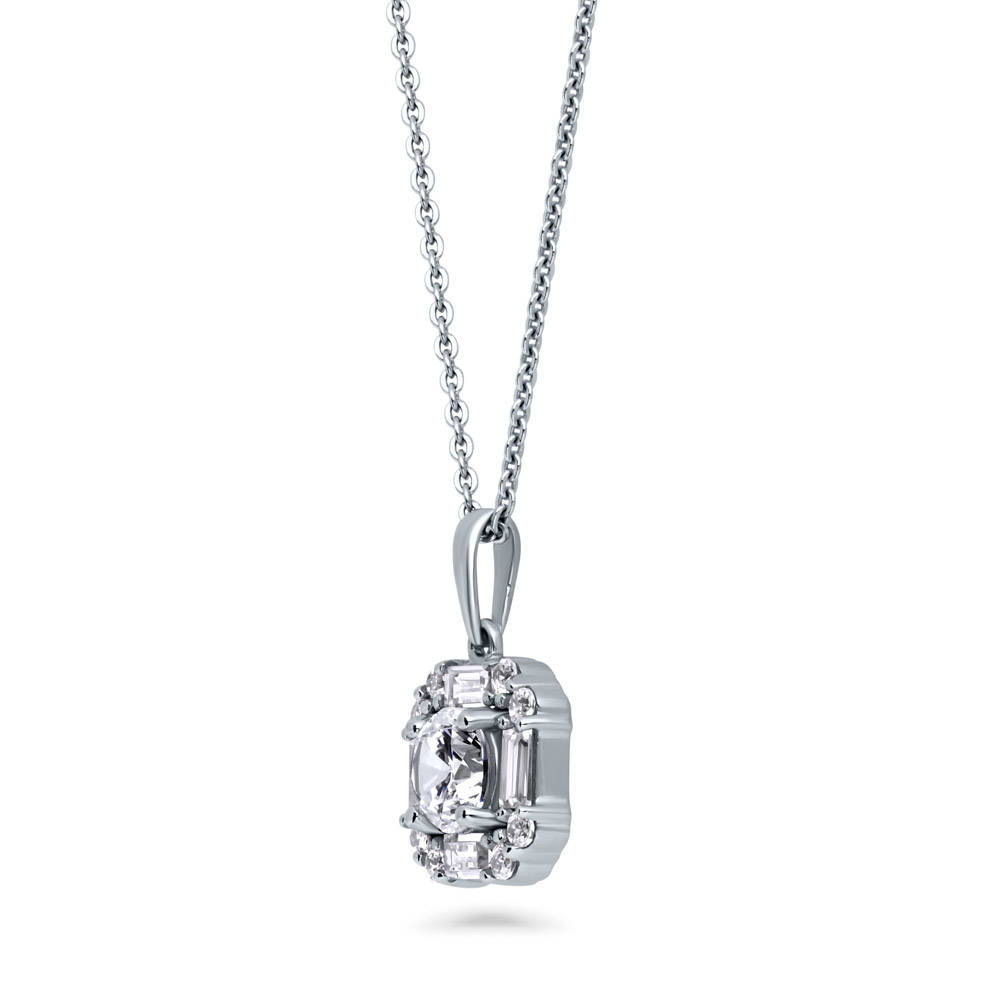Front view of Halo Art Deco Round CZ Pendant Necklace in Sterling Silver, 4 of 8
