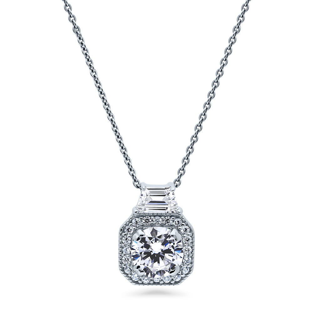 Halo Art Deco Round CZ Pendant Necklace in Sterling Silver