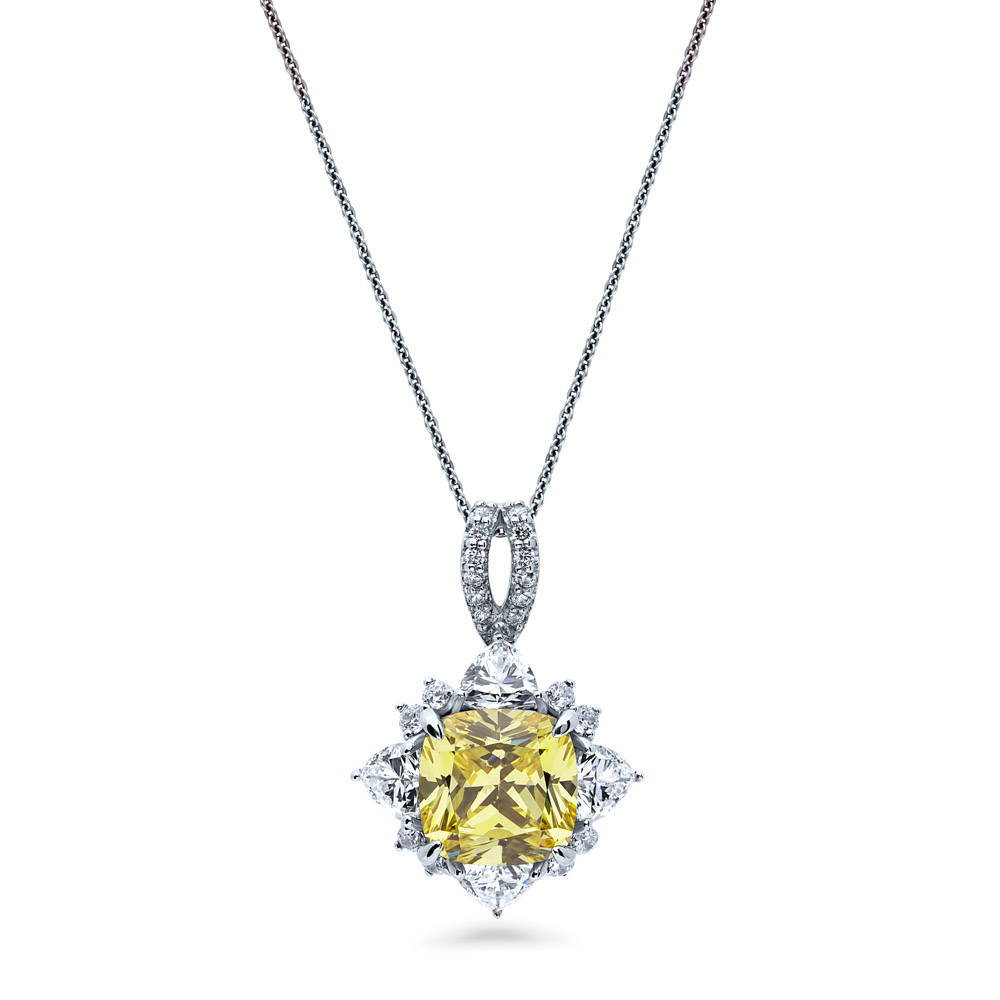 Halo Flower Canary Yellow Cushion CZ Necklace in Sterling Silver, 1 of 8
