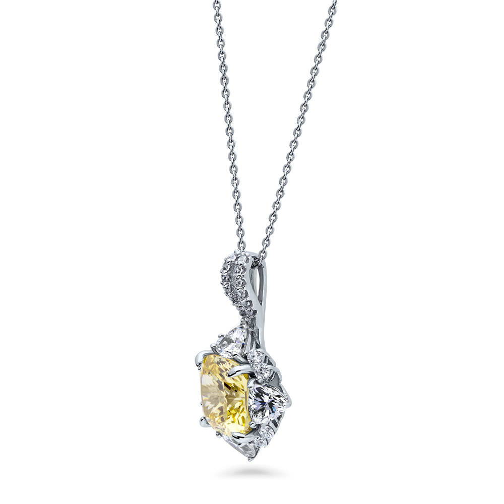 Halo Flower Canary Yellow Cushion CZ Necklace in Sterling Silver