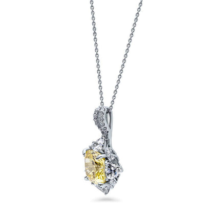 Halo Flower Canary Yellow Cushion CZ Necklace in Sterling Silver