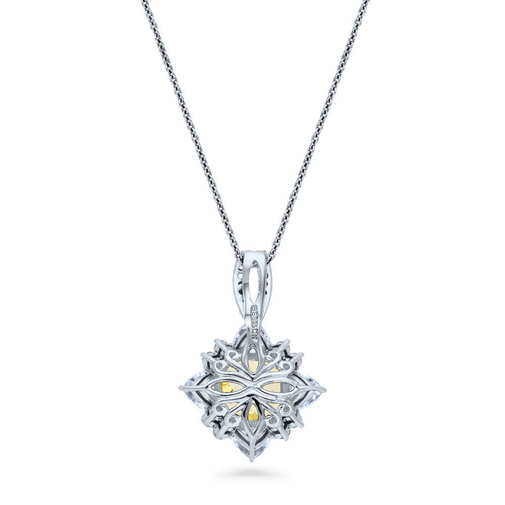 Halo Flower Canary Yellow Cushion CZ Necklace in Sterling Silver
