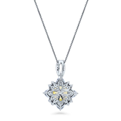 Halo Flower Canary Yellow Cushion CZ Necklace in Sterling Silver