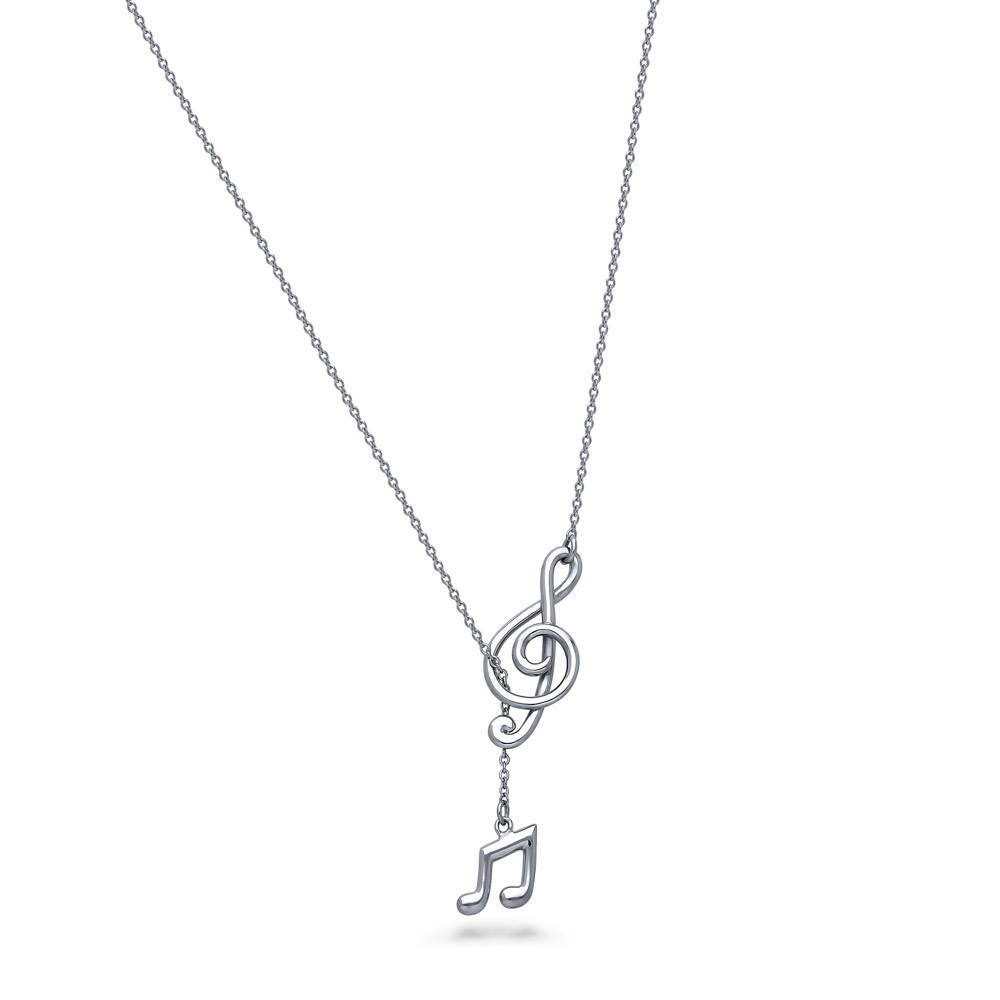 Front view of Treble Clef Music Note Lariat Necklace in Sterling Silver, 3 of 9