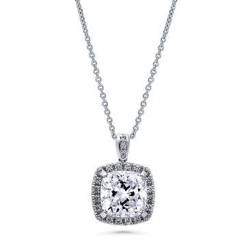 Halo Cushion CZ Pendant Necklace in Sterling Silver