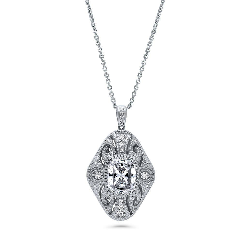 Art Deco Filigree CZ Pendant Necklace in Sterling Silver