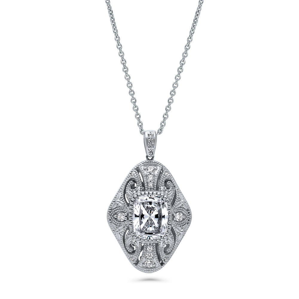 Art Deco Filigree CZ Pendant Necklace in Sterling Silver, 1 of 7
