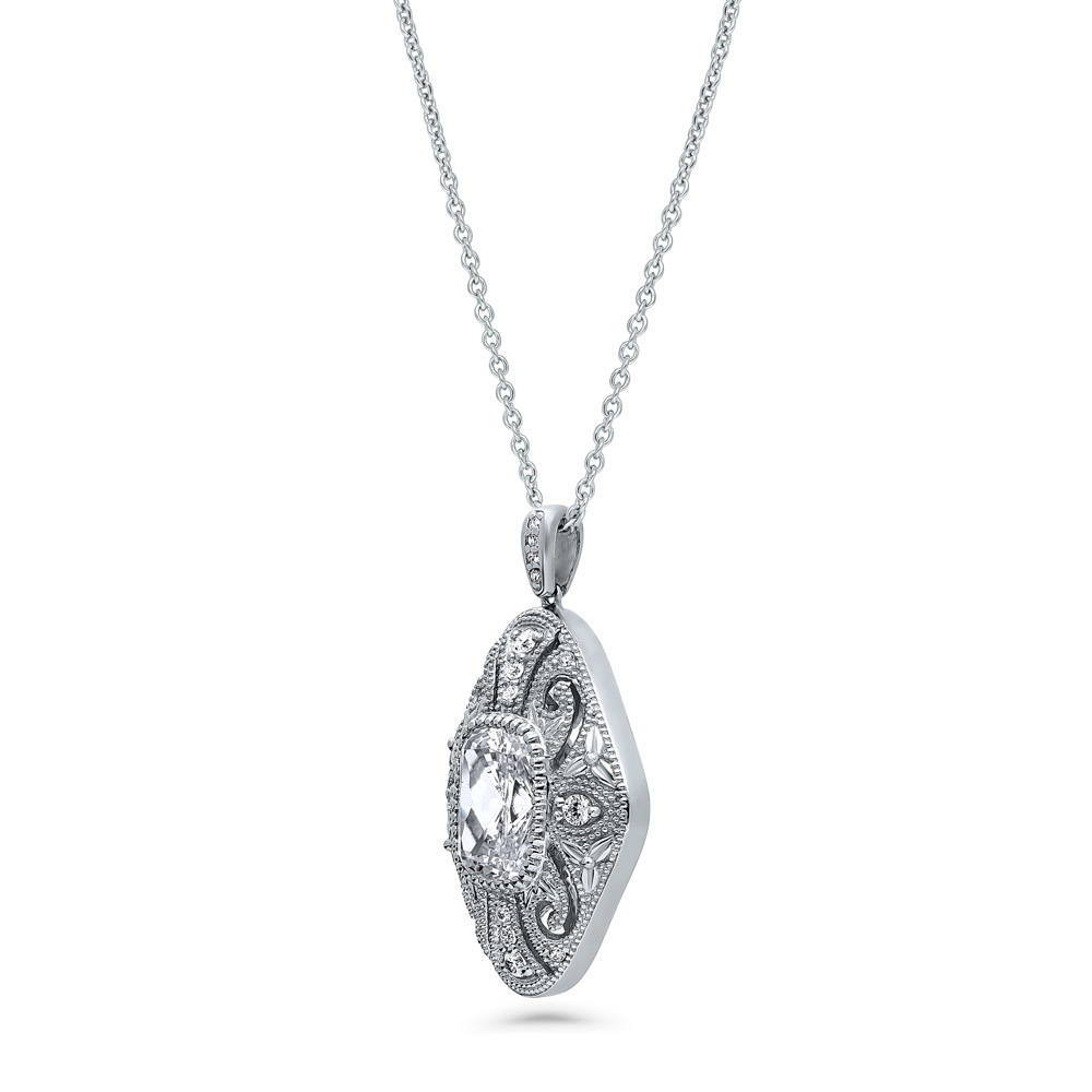 Front view of Art Deco Filigree CZ Pendant Necklace in Sterling Silver, 4 of 7