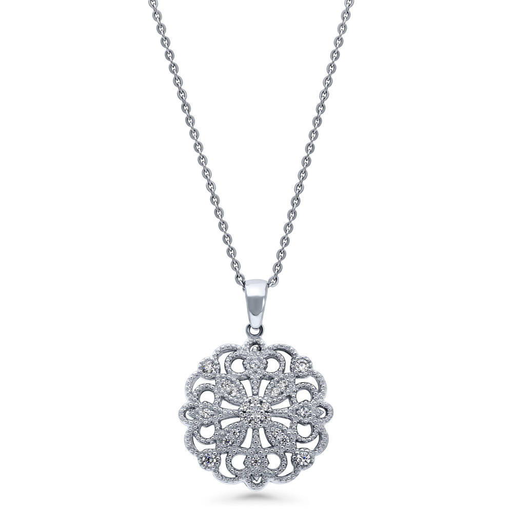 Flower Filigree CZ Pendant Necklace in Sterling Silver, 1 of 6