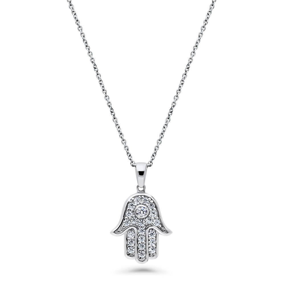 Hamsa Hand CZ Pendant Necklace in Sterling Silver