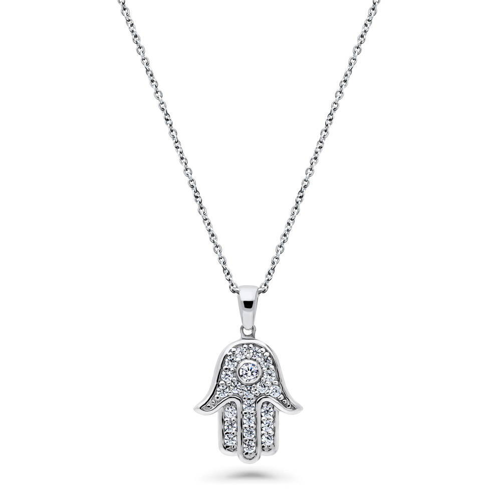 Hamsa Hand CZ Pendant Necklace in Sterling Silver, 1 of 10
