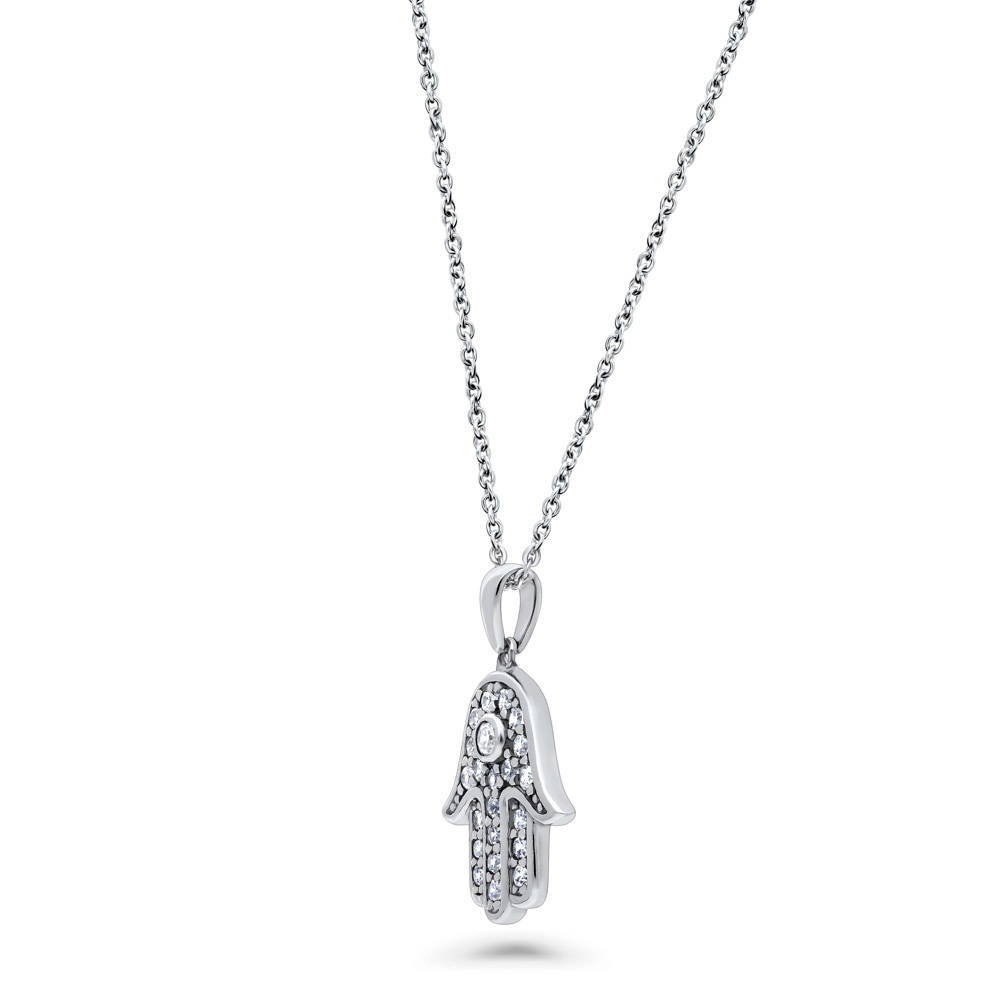 Front view of Hamsa Hand CZ Necklace and Earrings Set in Sterling Silver, 8 of 15