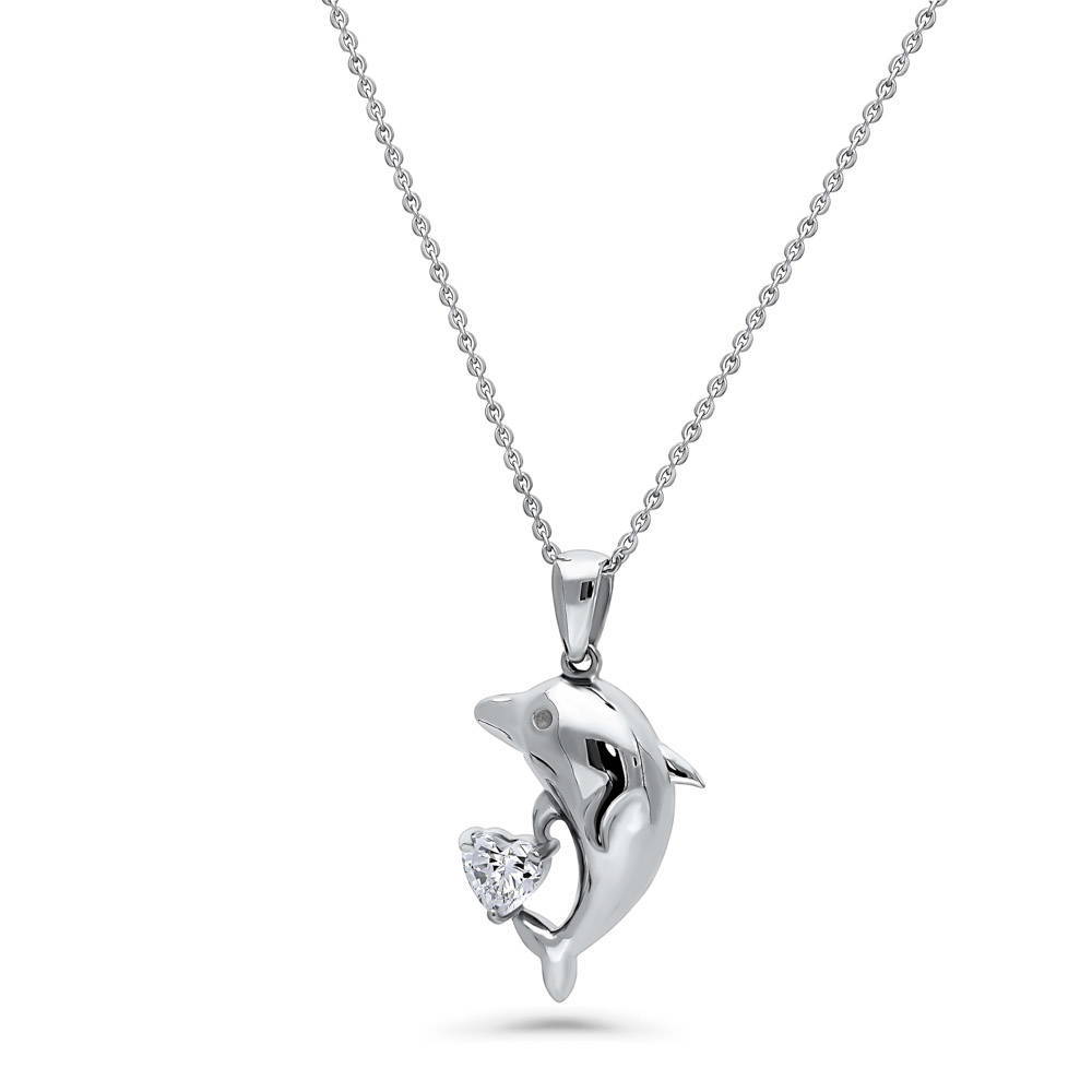 Front view of Dolphin CZ Pendant Necklace in Sterling Silver, 3 of 5