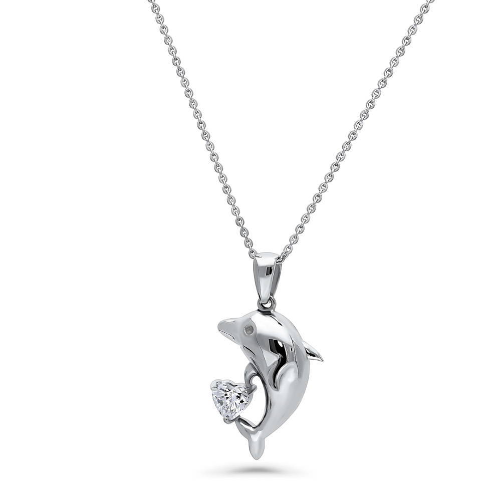Front view of Dolphin CZ Pendant Necklace in Sterling Silver, 4 of 7