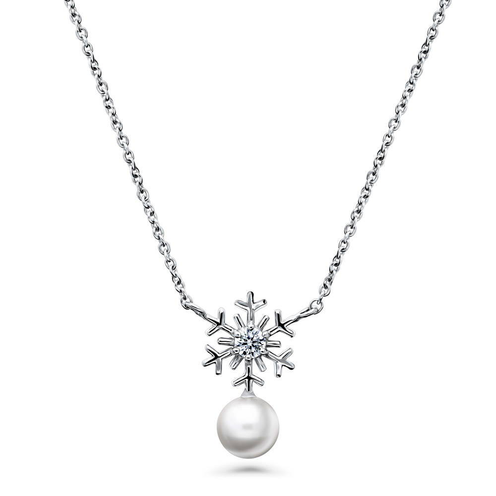 Snowflake Imitation Pearl Pendant Necklace in Sterling Silver, 1 of 6