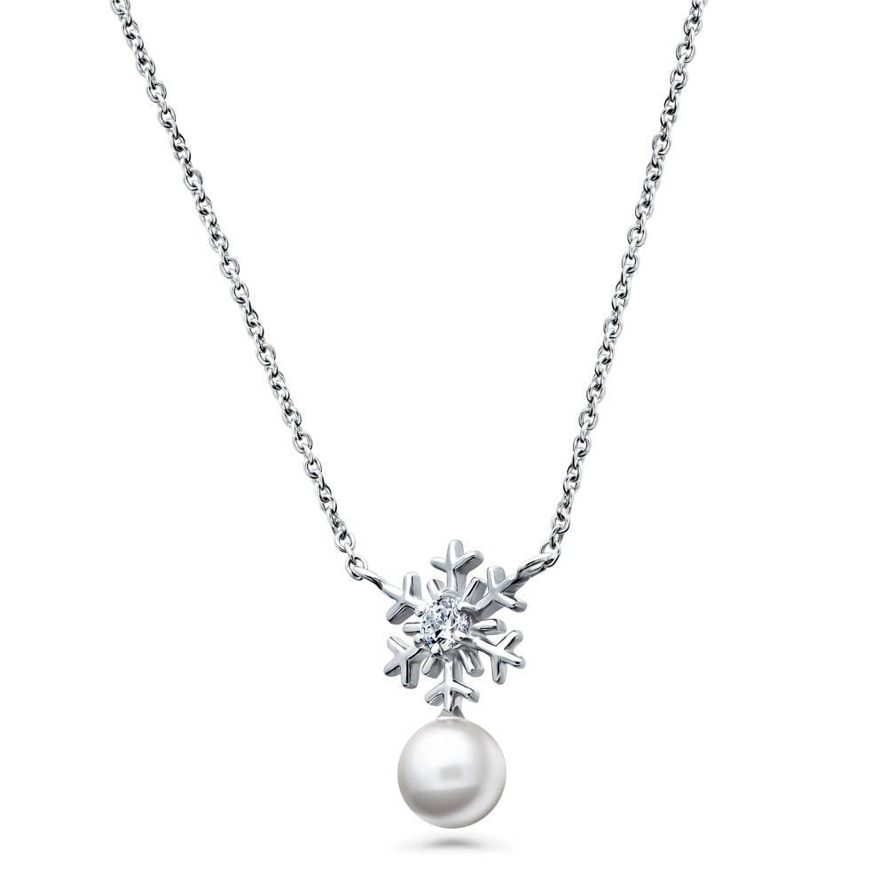 Front view of Snowflake Imitation Pearl Pendant Necklace in Sterling Silver, 4 of 6