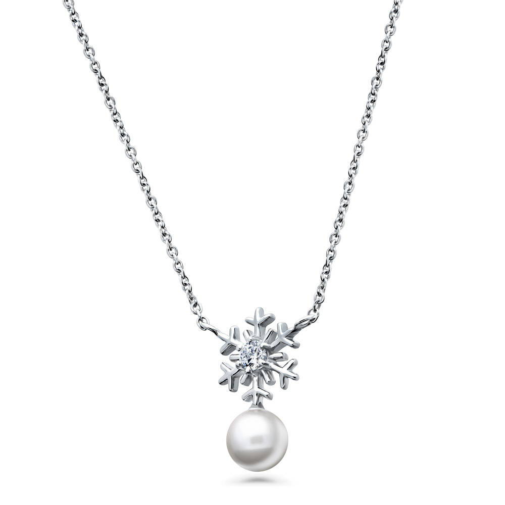 Front view of Snowflake Imitation Pearl Necklace in Sterling Silver, 4 of 6