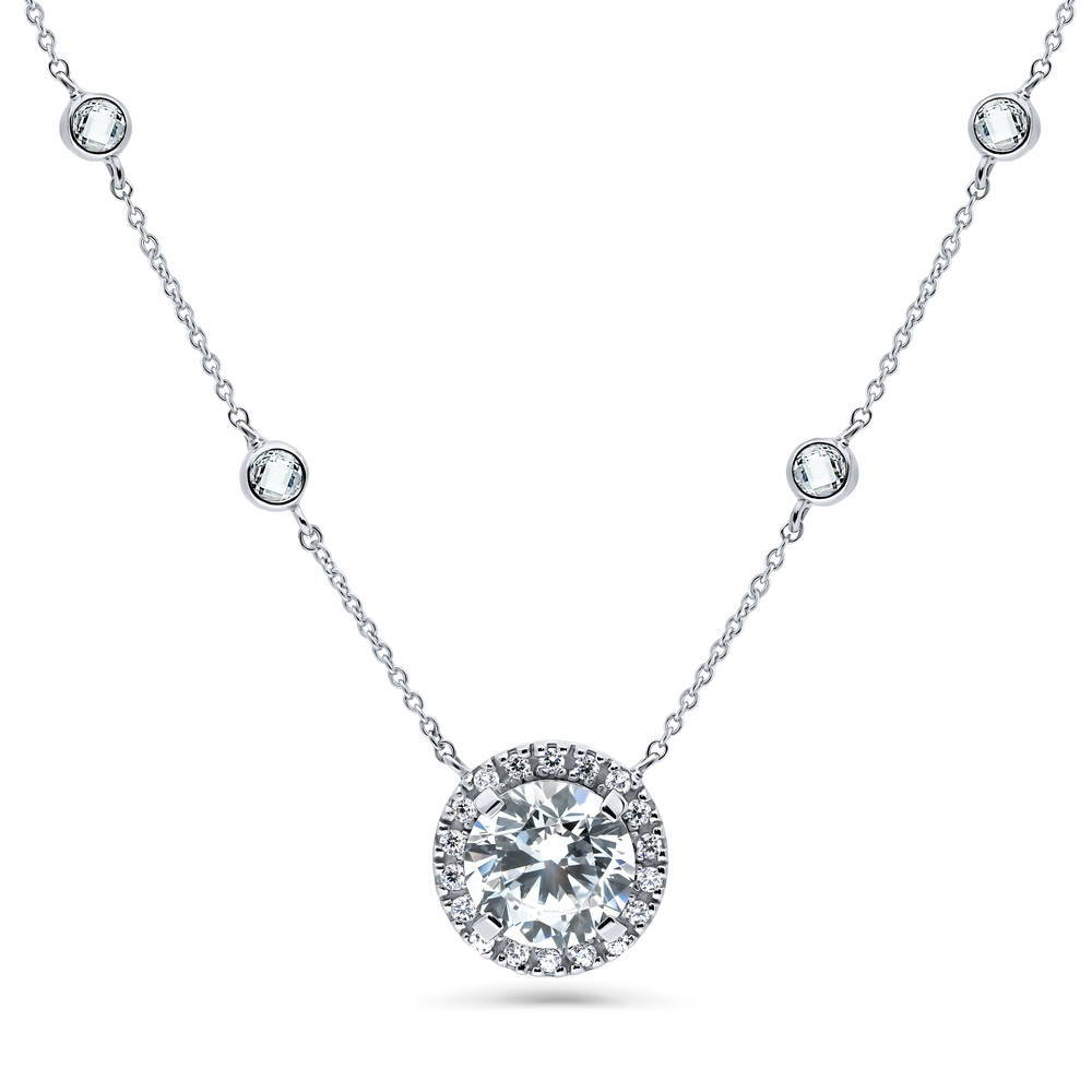 Halo Round CZ Statement Pendant Necklace in Sterling Silver, 1 of 7