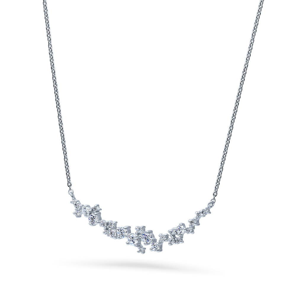 Front view of Cluster Bar CZ Pendant Necklace in Sterling Silver, 4 of 8