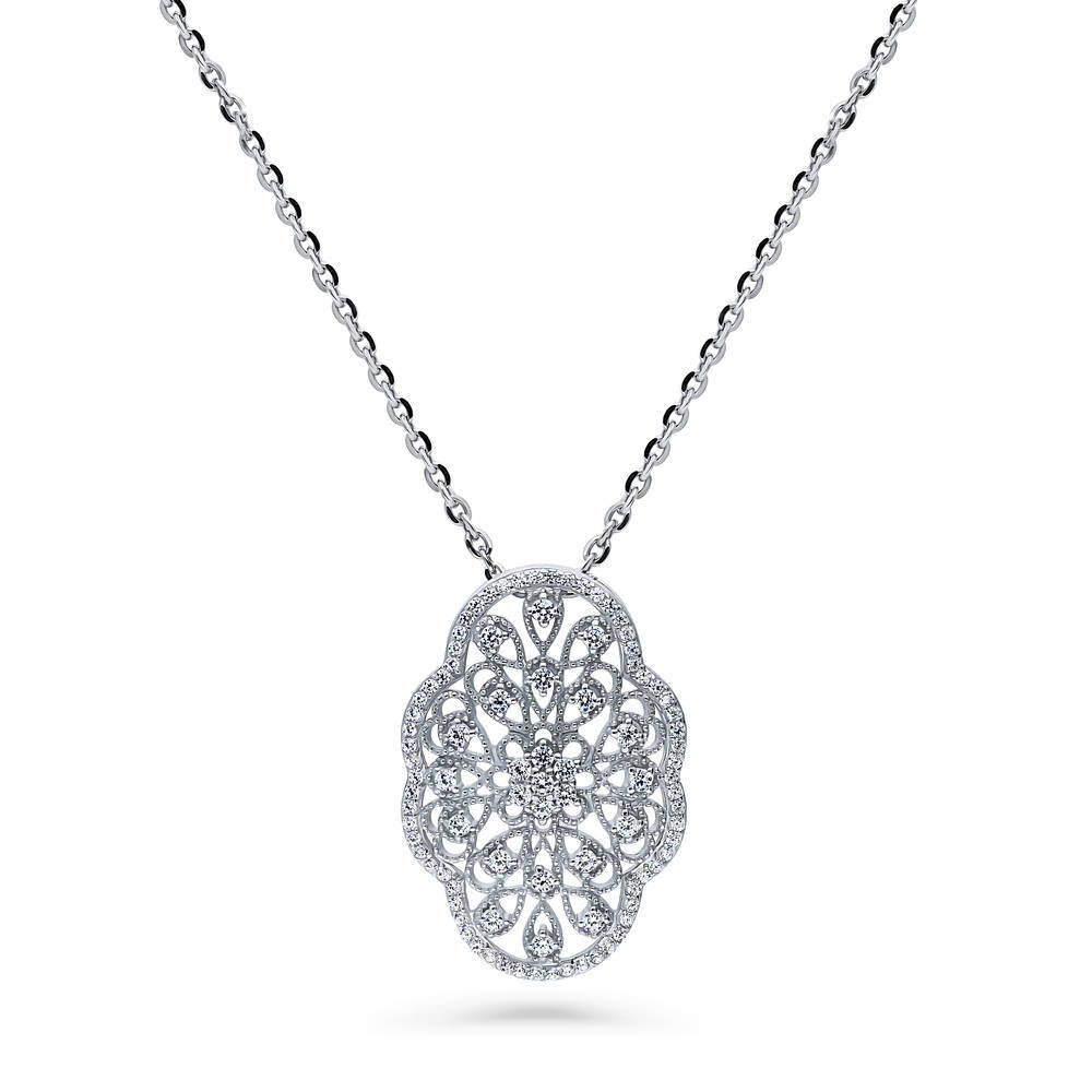 Flower Art Deco CZ Pendant Necklace in Sterling Silver
