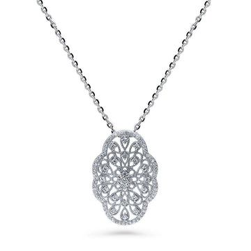 Flower Art Deco CZ Pendant Necklace in Sterling Silver