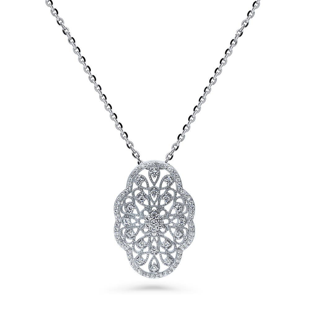 Flower Art Deco Filigree CZ Necklace in Sterling Silver